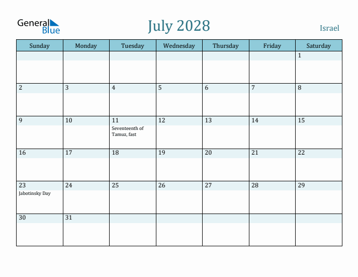 July 2028 Calendar with Holidays