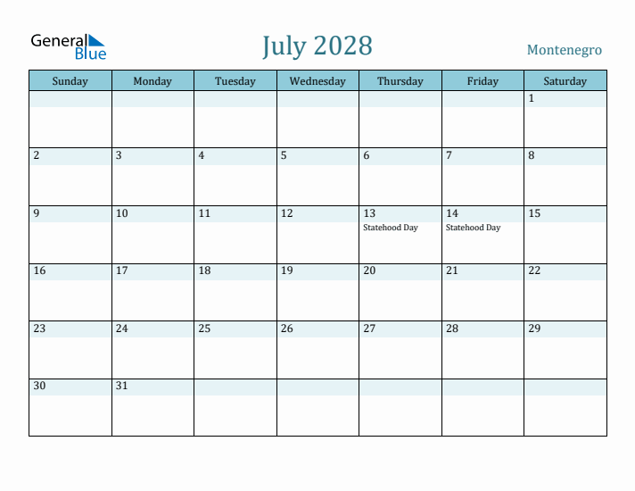 July 2028 Calendar with Holidays