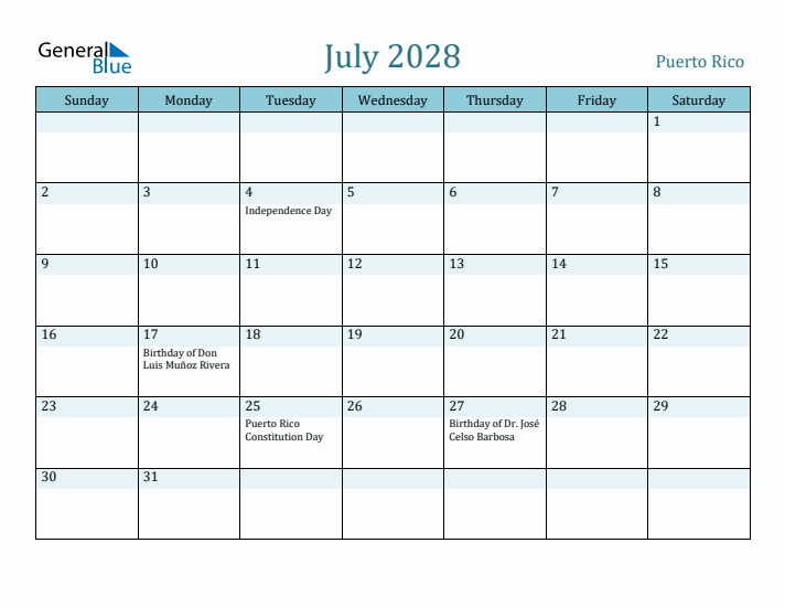 July 2028 Calendar with Holidays