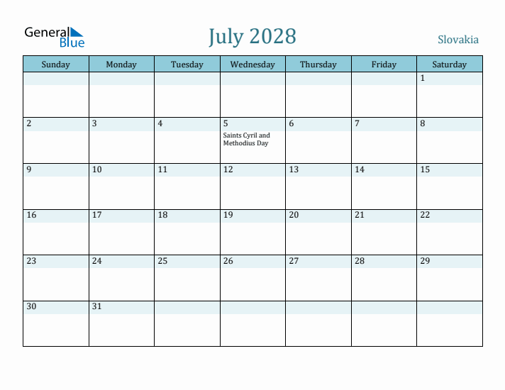 July 2028 Calendar with Holidays