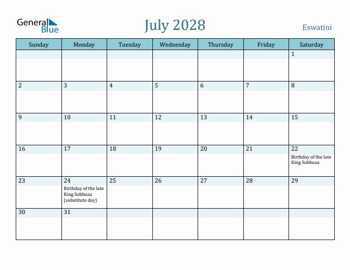 July 2028 Calendar with Holidays