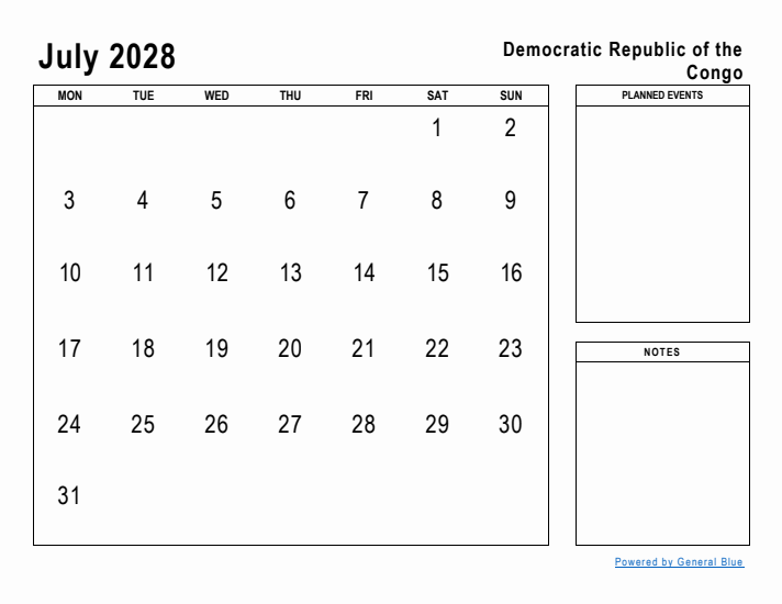 July 2028 Printable Monthly Calendar with Democratic Republic of the Congo Holidays