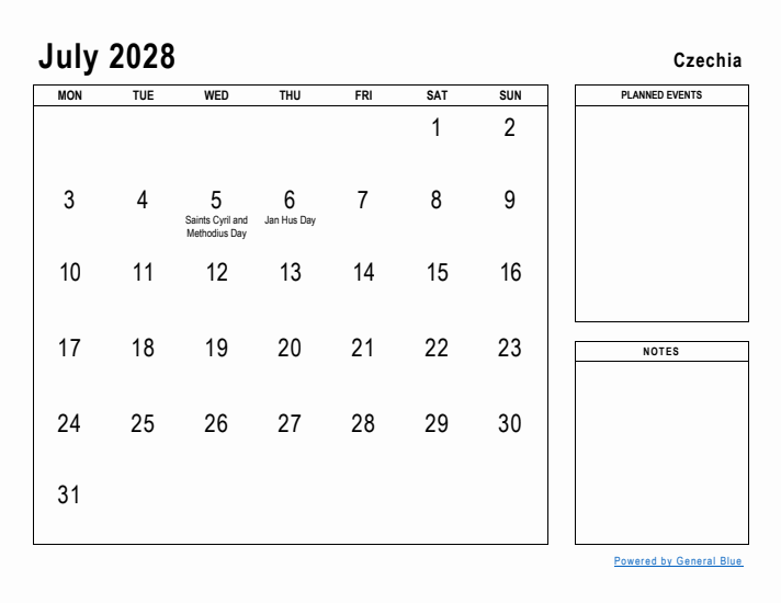 July 2028 Printable Monthly Calendar with Czechia Holidays