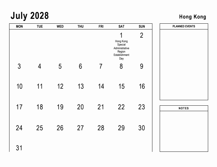 July 2028 Printable Monthly Calendar with Hong Kong Holidays