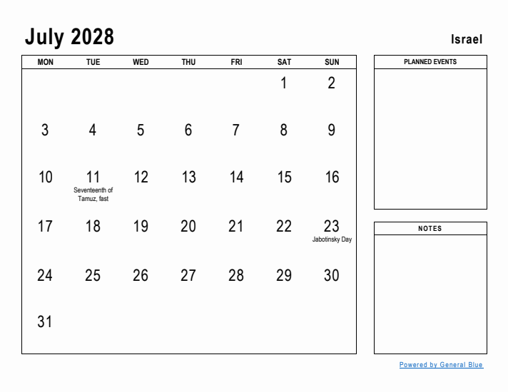 July 2028 Printable Monthly Calendar with Israel Holidays