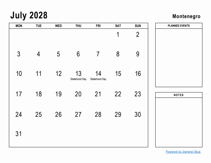 July 2028 Printable Monthly Calendar with Montenegro Holidays