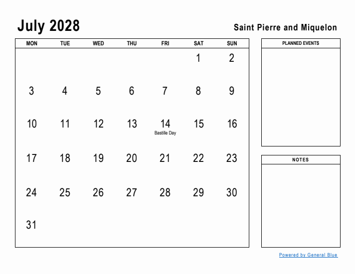 July 2028 Printable Monthly Calendar with Saint Pierre and Miquelon Holidays