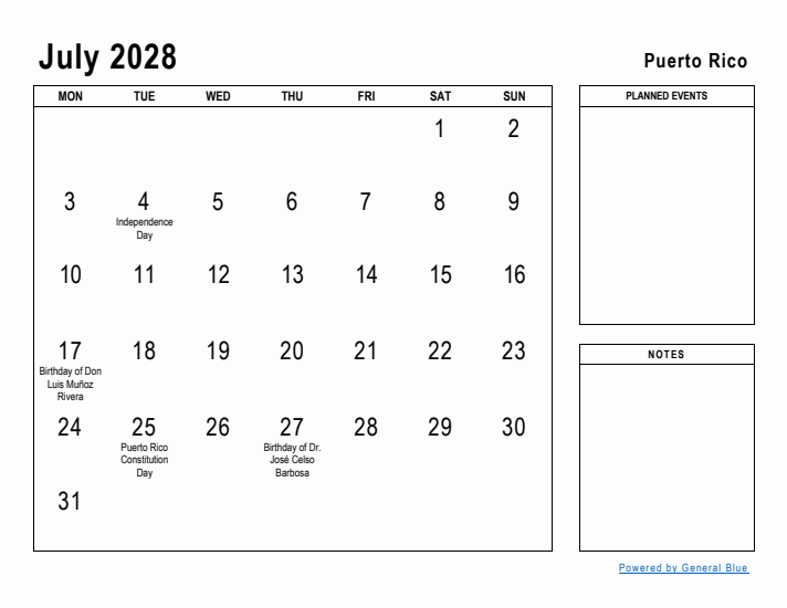July 2028 Printable Monthly Calendar with Puerto Rico Holidays