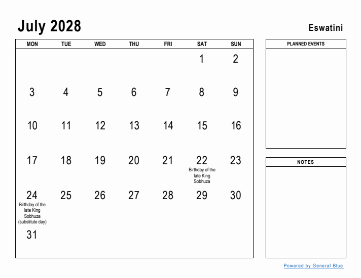 July 2028 Printable Monthly Calendar with Eswatini Holidays