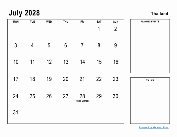 July 2028 Printable Monthly Calendar with Thailand Holidays