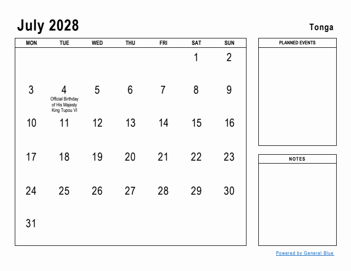 July 2028 Printable Monthly Calendar with Tonga Holidays