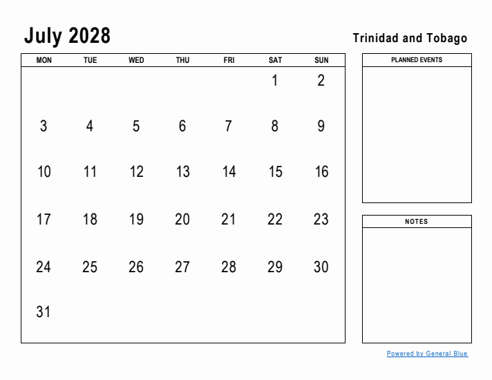 July 2028 Printable Monthly Calendar with Trinidad and Tobago Holidays