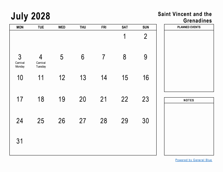 July 2028 Printable Monthly Calendar with Saint Vincent and the Grenadines Holidays