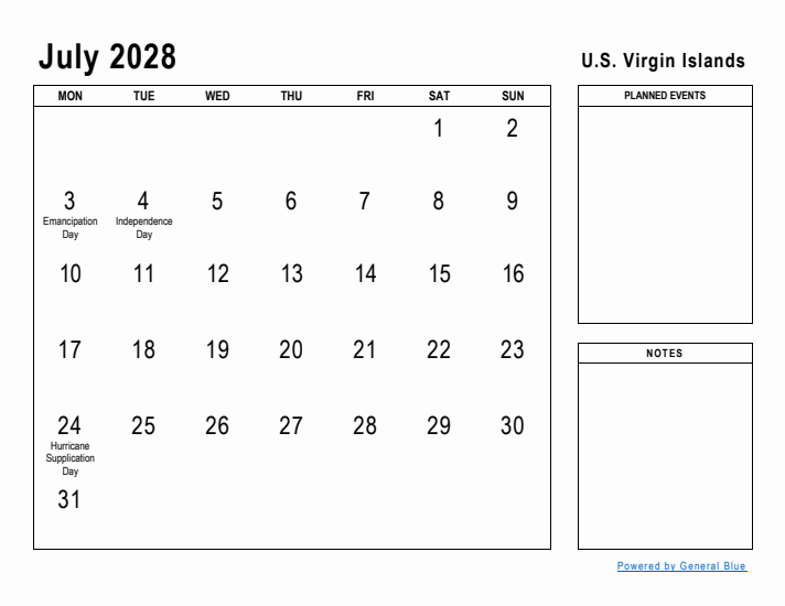 July 2028 Printable Monthly Calendar with U.S. Virgin Islands Holidays