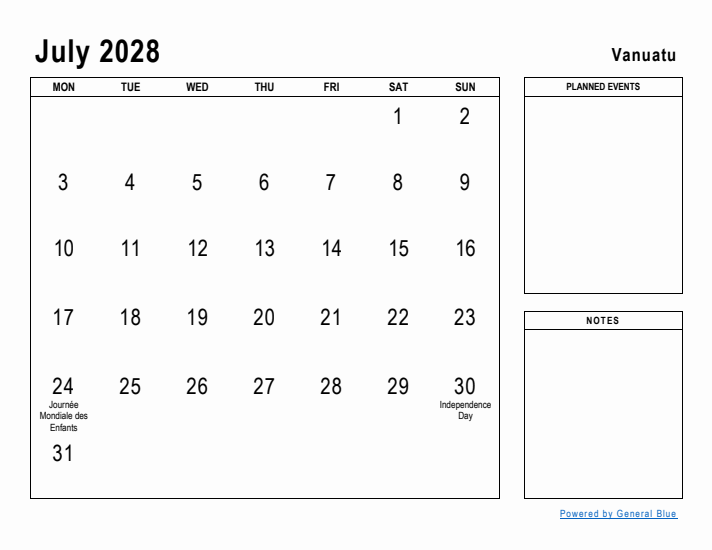 July 2028 Printable Monthly Calendar with Vanuatu Holidays