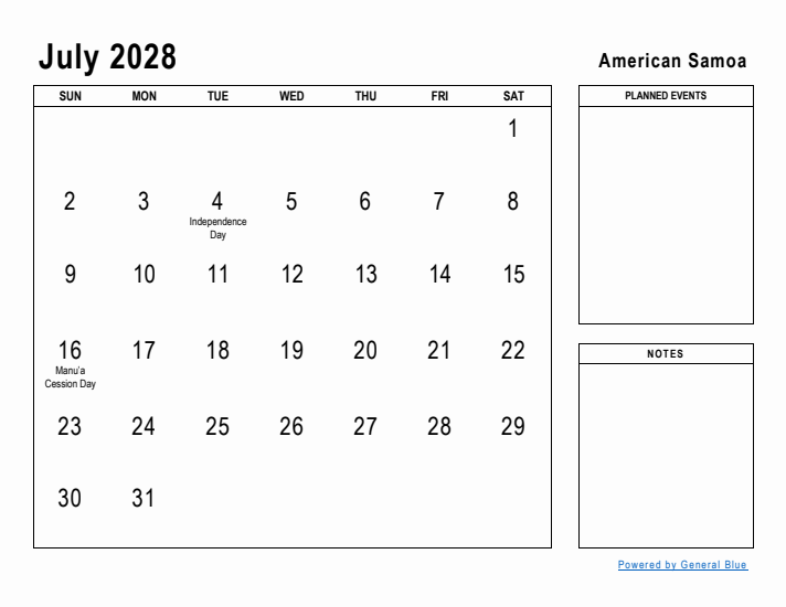 July 2028 Printable Monthly Calendar with American Samoa Holidays