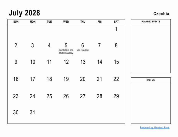 July 2028 Printable Monthly Calendar with Czechia Holidays