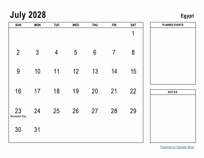July 2028 Printable Monthly Calendar with Egypt Holidays