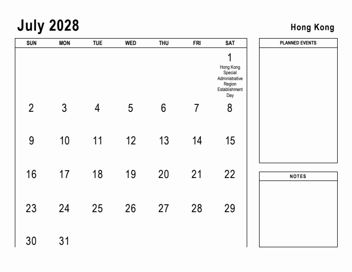 July 2028 Printable Monthly Calendar with Hong Kong Holidays