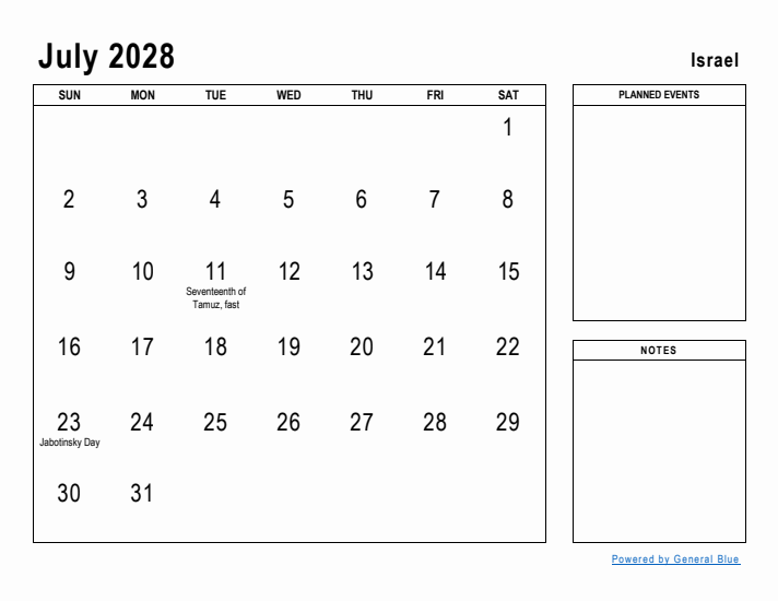 July 2028 Printable Monthly Calendar with Israel Holidays