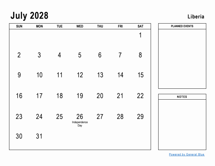 July 2028 Printable Monthly Calendar with Liberia Holidays