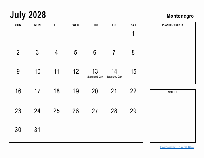 July 2028 Printable Monthly Calendar with Montenegro Holidays