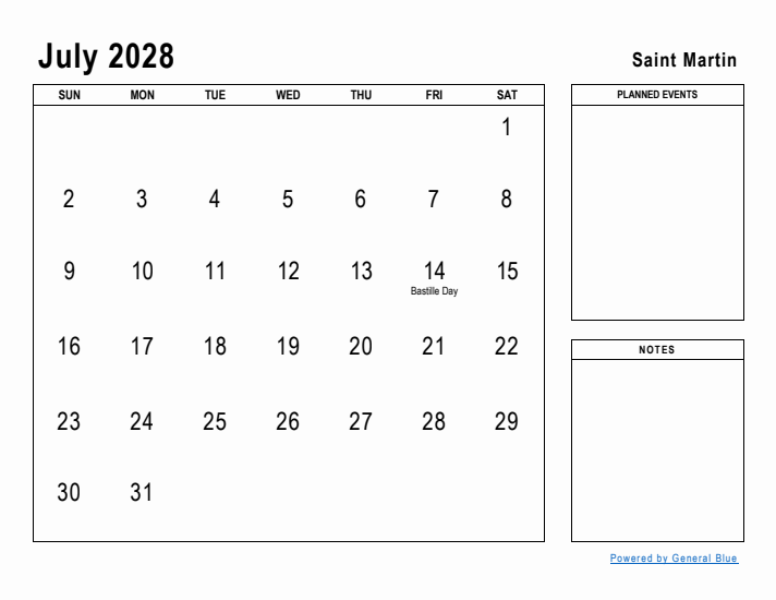 July 2028 Printable Monthly Calendar with Saint Martin Holidays