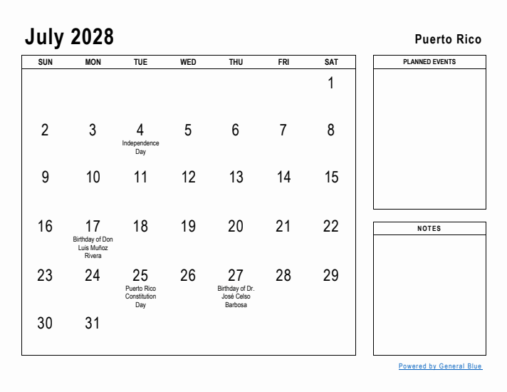 July 2028 Printable Monthly Calendar with Puerto Rico Holidays