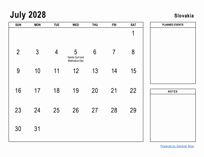 July 2028 Printable Monthly Calendar with Slovakia Holidays