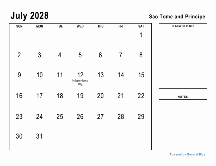 July 2028 Printable Monthly Calendar with Sao Tome and Principe Holidays
