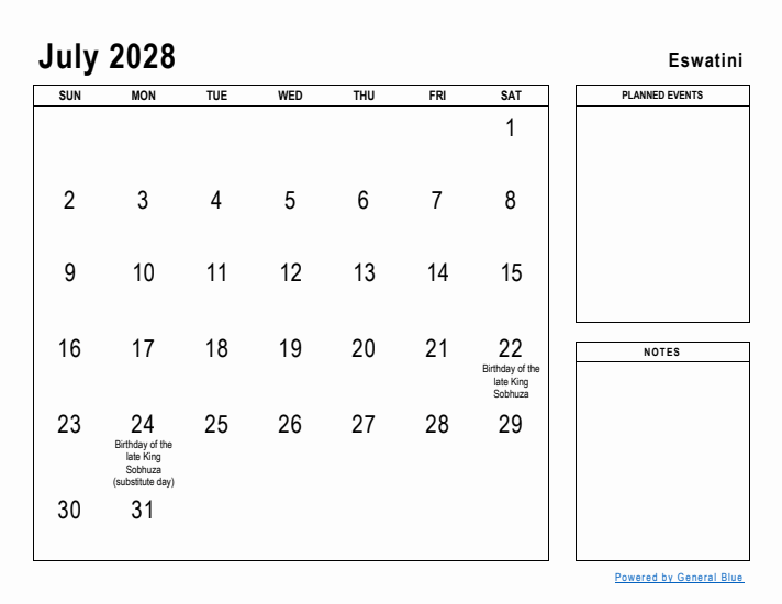 July 2028 Printable Monthly Calendar with Eswatini Holidays