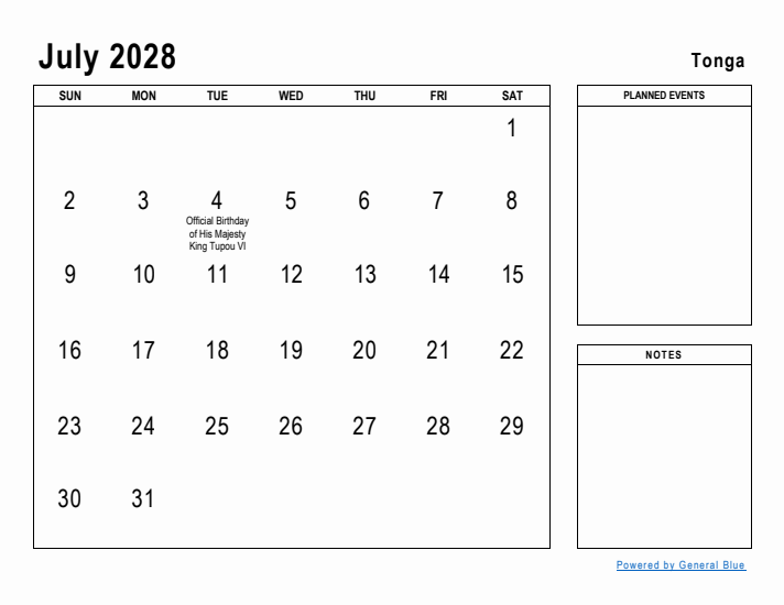 July 2028 Printable Monthly Calendar with Tonga Holidays