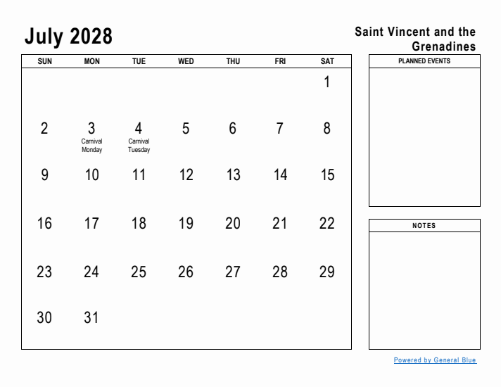 July 2028 Printable Monthly Calendar with Saint Vincent and the Grenadines Holidays