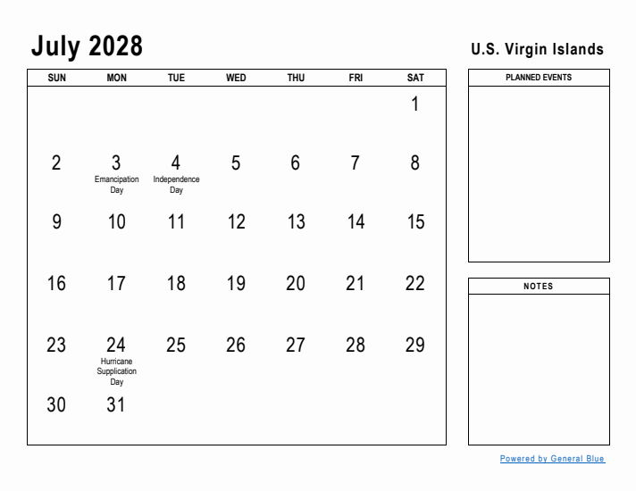 July 2028 Printable Monthly Calendar with U.S. Virgin Islands Holidays