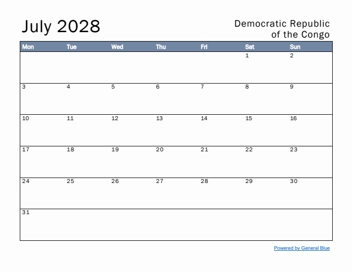 July 2028 Simple Monthly Calendar for Democratic Republic of the Congo