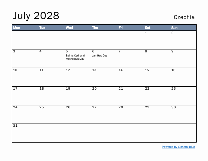 July 2028 Simple Monthly Calendar for Czechia