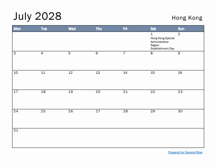July 2028 Simple Monthly Calendar for Hong Kong