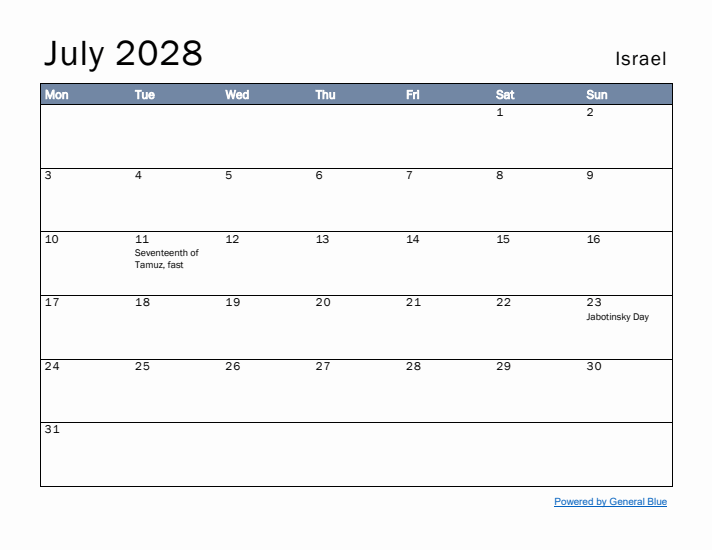 July 2028 Simple Monthly Calendar for Israel
