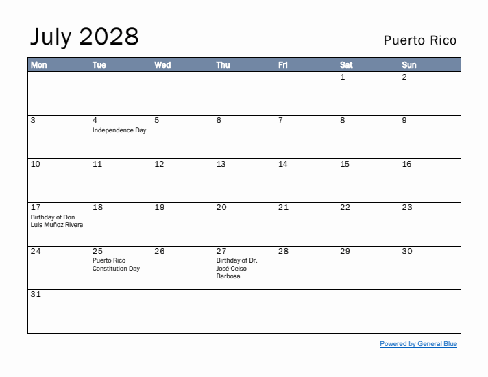 July 2028 Simple Monthly Calendar for Puerto Rico