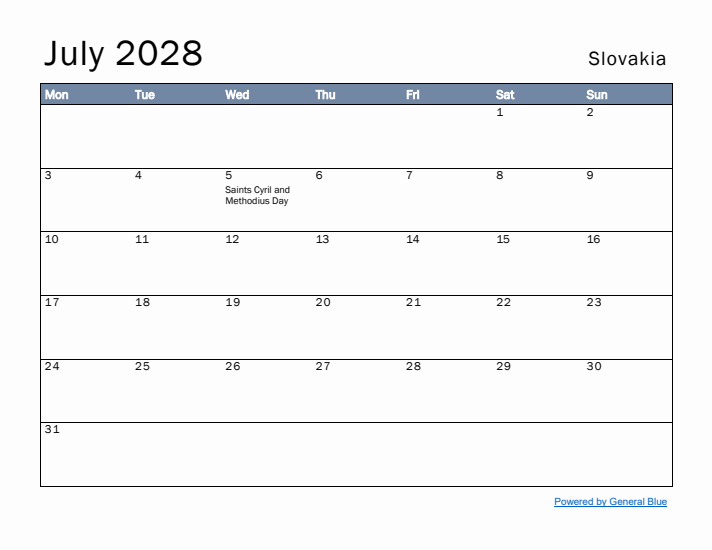 July 2028 Simple Monthly Calendar for Slovakia