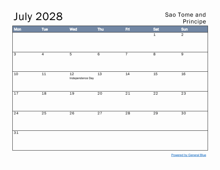 July 2028 Simple Monthly Calendar for Sao Tome and Principe