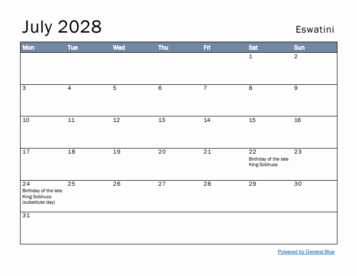 July 2028 Simple Monthly Calendar for Eswatini