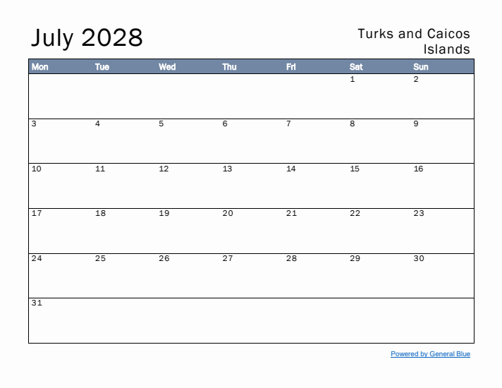 July 2028 Simple Monthly Calendar for Turks and Caicos Islands
