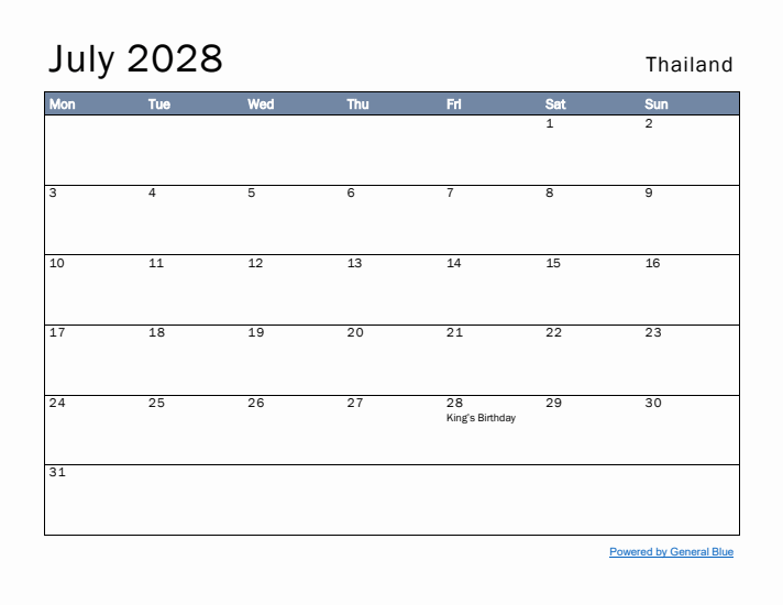 July 2028 Simple Monthly Calendar for Thailand