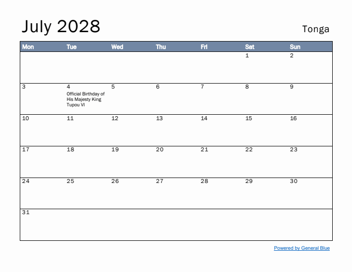 July 2028 Simple Monthly Calendar for Tonga