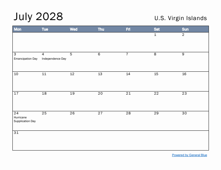July 2028 Simple Monthly Calendar for U.S. Virgin Islands