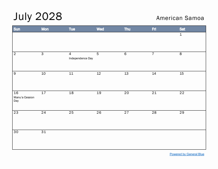 July 2028 Simple Monthly Calendar for American Samoa