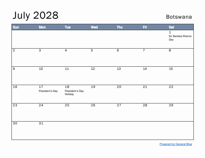 July 2028 Simple Monthly Calendar for Botswana