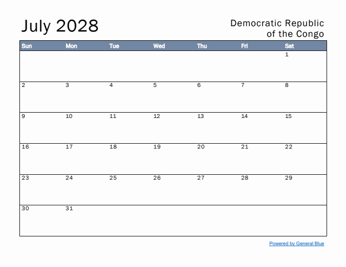 July 2028 Simple Monthly Calendar for Democratic Republic of the Congo