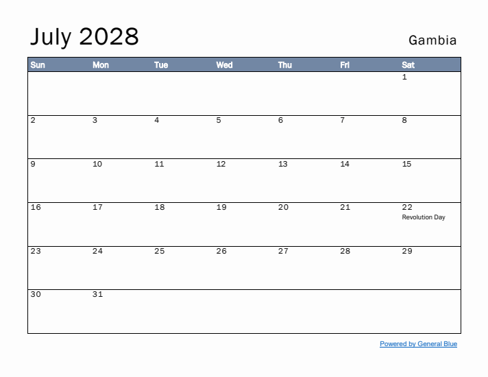 July 2028 Simple Monthly Calendar for Gambia